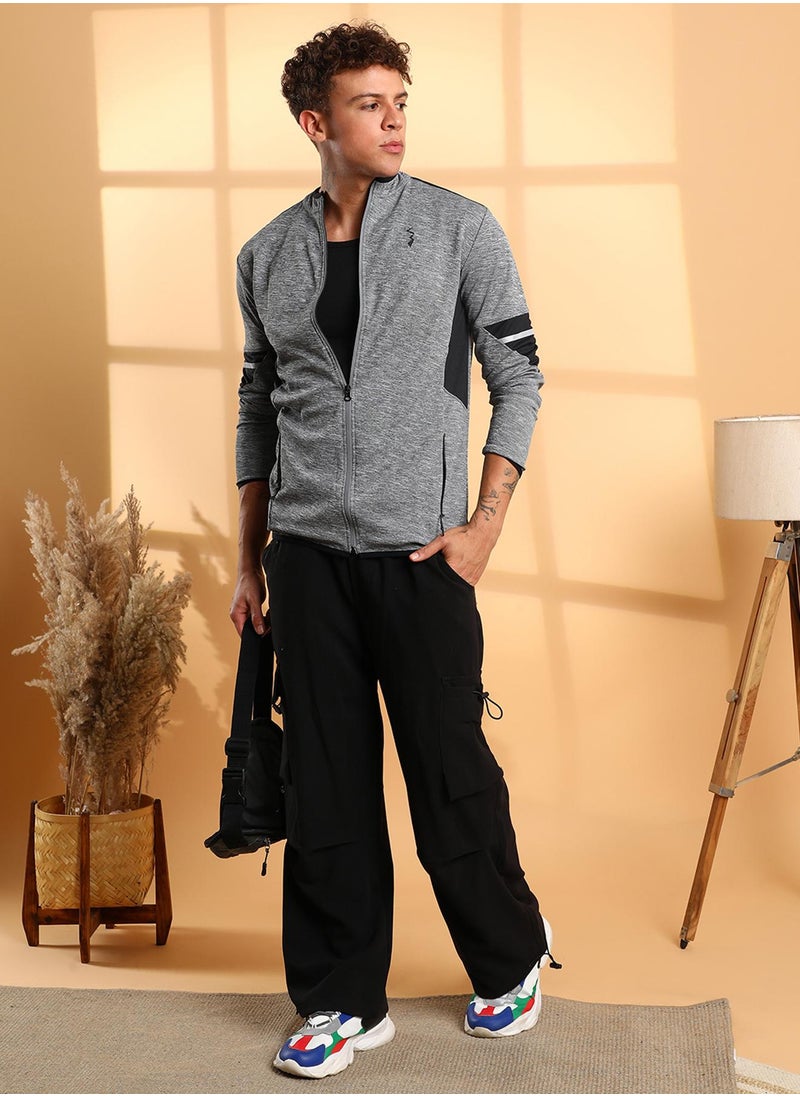 Men's Grey Heathered Activewear Jacket With Contrast Detail