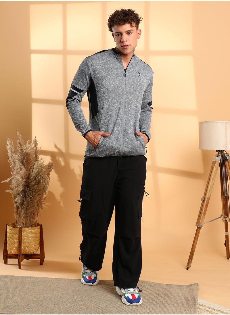 Men's Grey Heathered Activewear Jacket With Contrast Detail