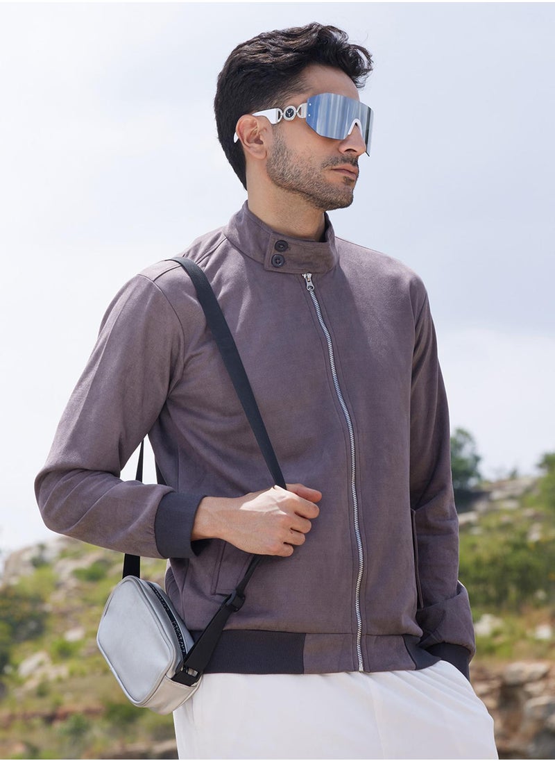 Men's Brown Zip-Front Jacket With Ribbed Hem
