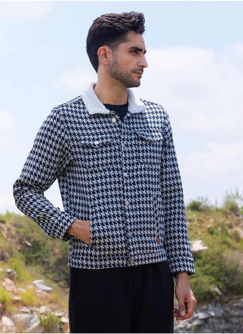 Men's Navy Blue & Moon Grey Fleece Houndstooth Denim Jacket