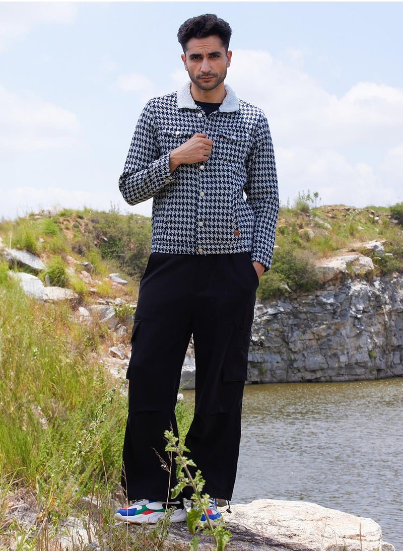 Men's Navy Blue & Moon Grey Fleece Houndstooth Denim Jacket