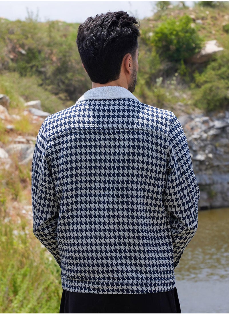 Men's Navy Blue & Moon Grey Fleece Houndstooth Denim Jacket