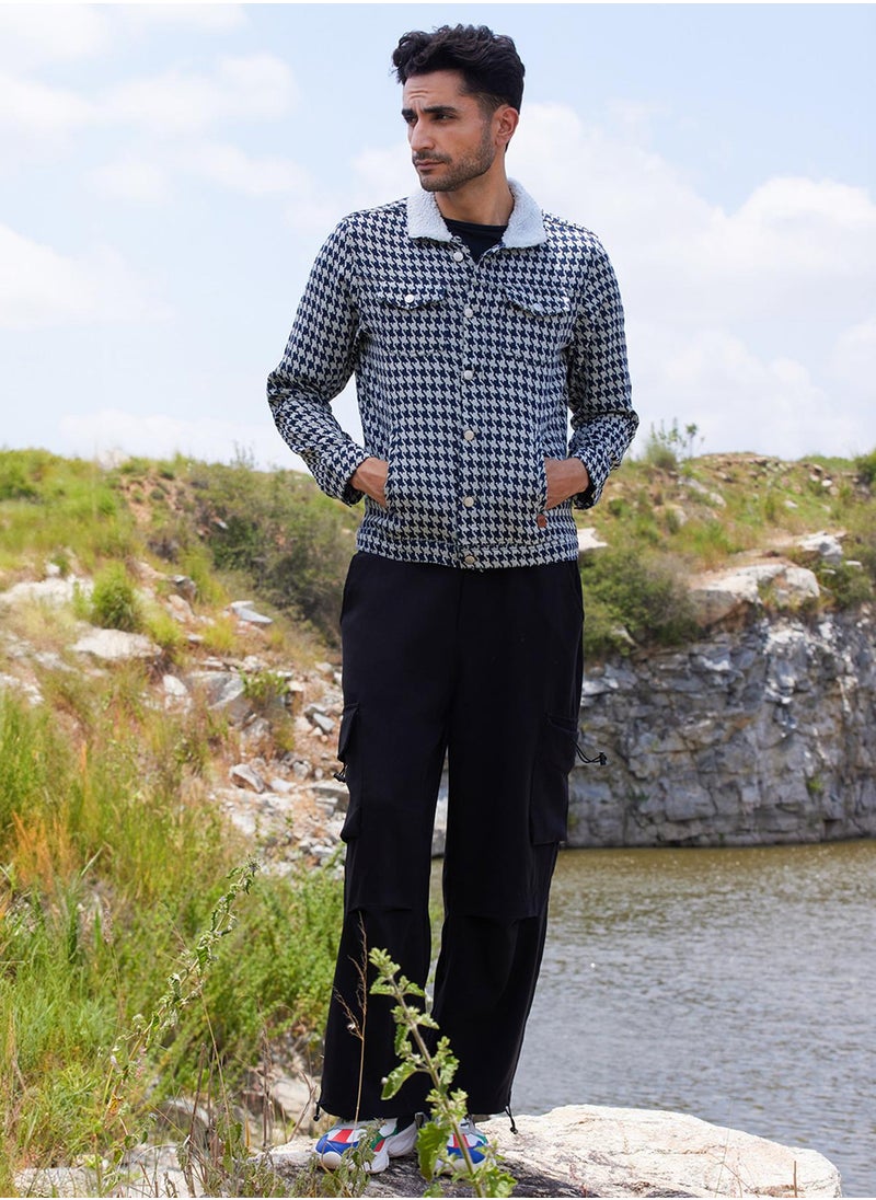 Men's Navy Blue & Moon Grey Fleece Houndstooth Denim Jacket