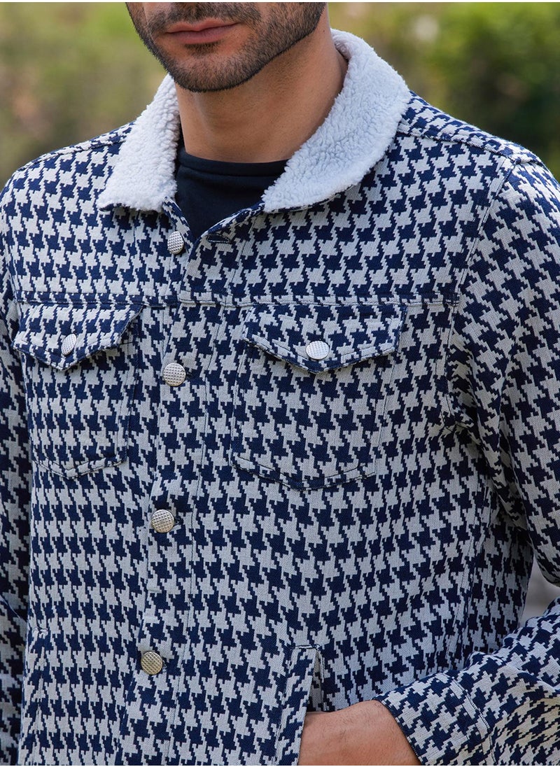 Men's Navy Blue & Moon Grey Fleece Houndstooth Denim Jacket