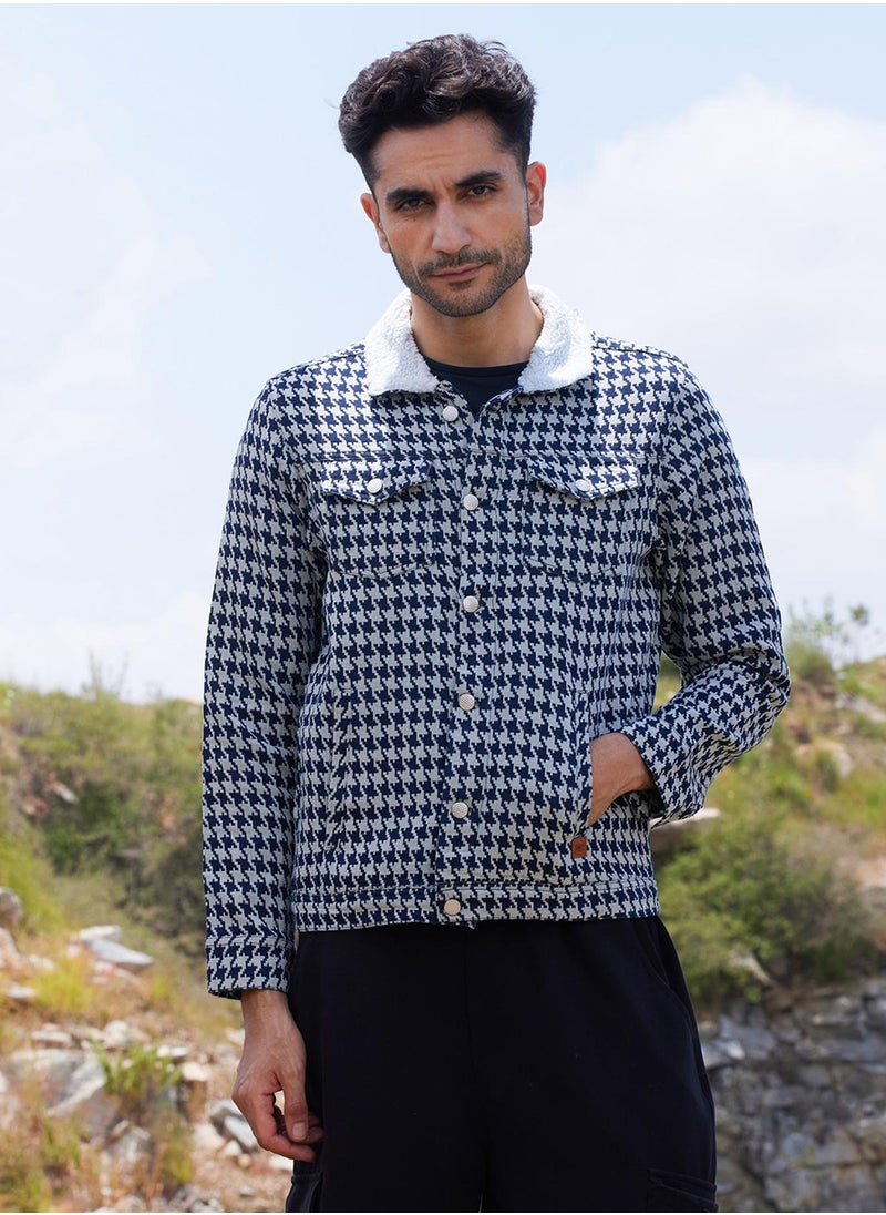 Men's Navy Blue & Moon Grey Fleece Houndstooth Denim Jacket