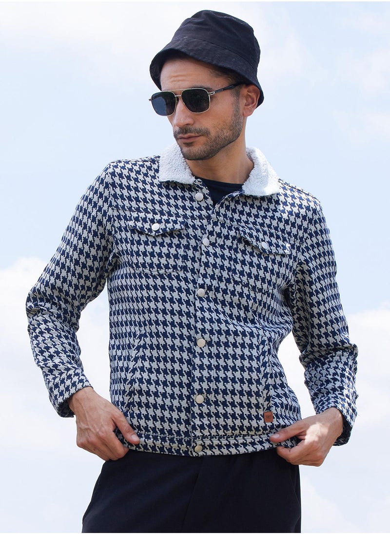 Men's Navy Blue & Moon Grey Fleece Houndstooth Denim Jacket