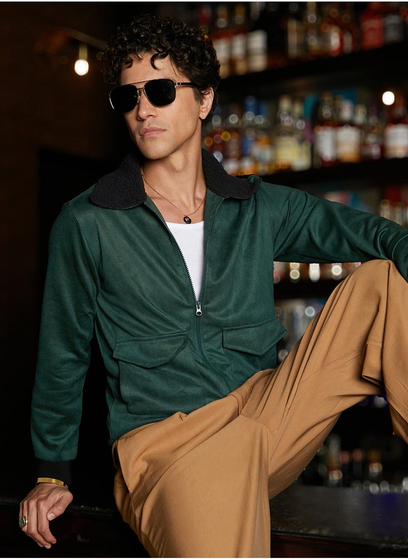 Men's Emerald Green Zip-Front Jacket With Fleece Collar