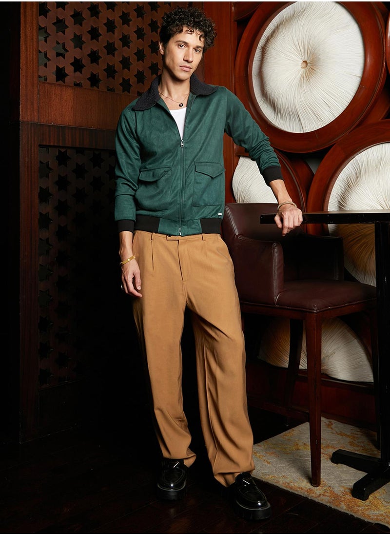 Men's Emerald Green Zip-Front Jacket With Fleece Collar