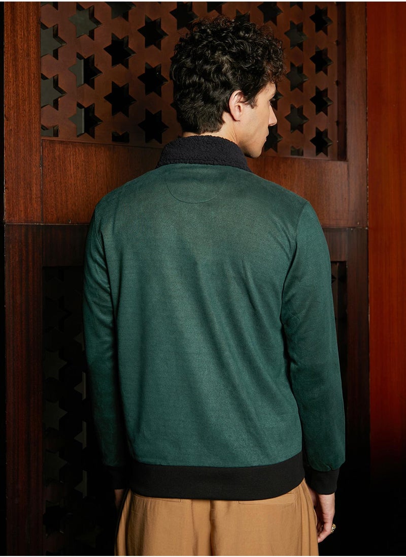 Men's Emerald Green Zip-Front Jacket With Fleece Collar