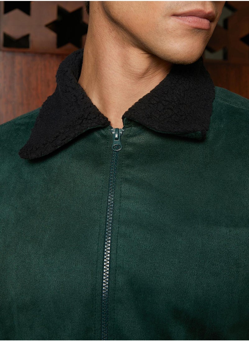 Men's Emerald Green Zip-Front Jacket With Fleece Collar