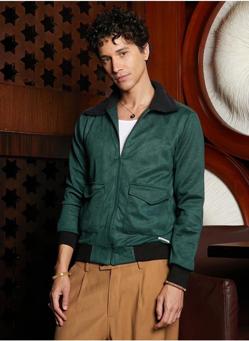 Men's Emerald Green Zip-Front Jacket With Fleece Collar