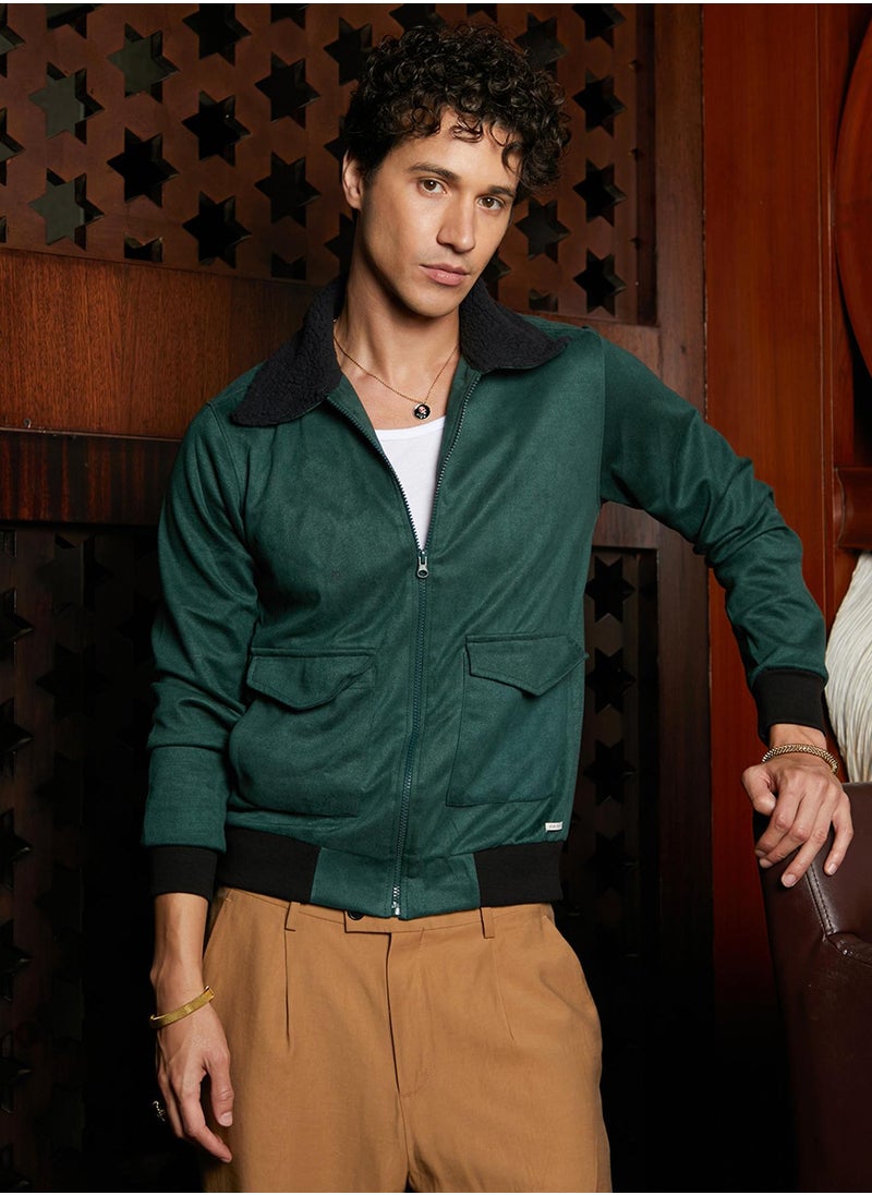 Men's Emerald Green Zip-Front Jacket With Fleece Collar