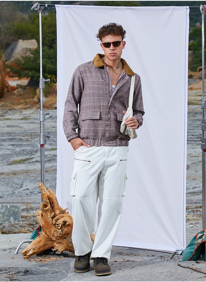 Men's Brown Tartan Plaid Jacket With Fleece Collar