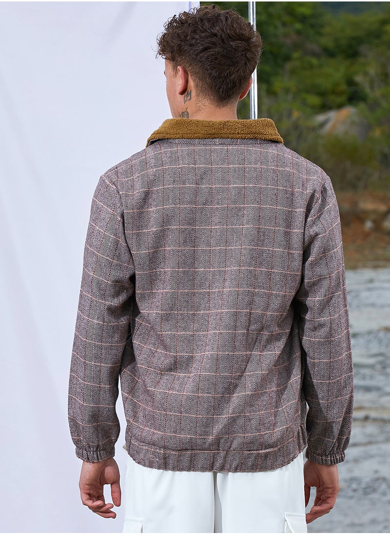 Men's Brown Tartan Plaid Jacket With Fleece Collar