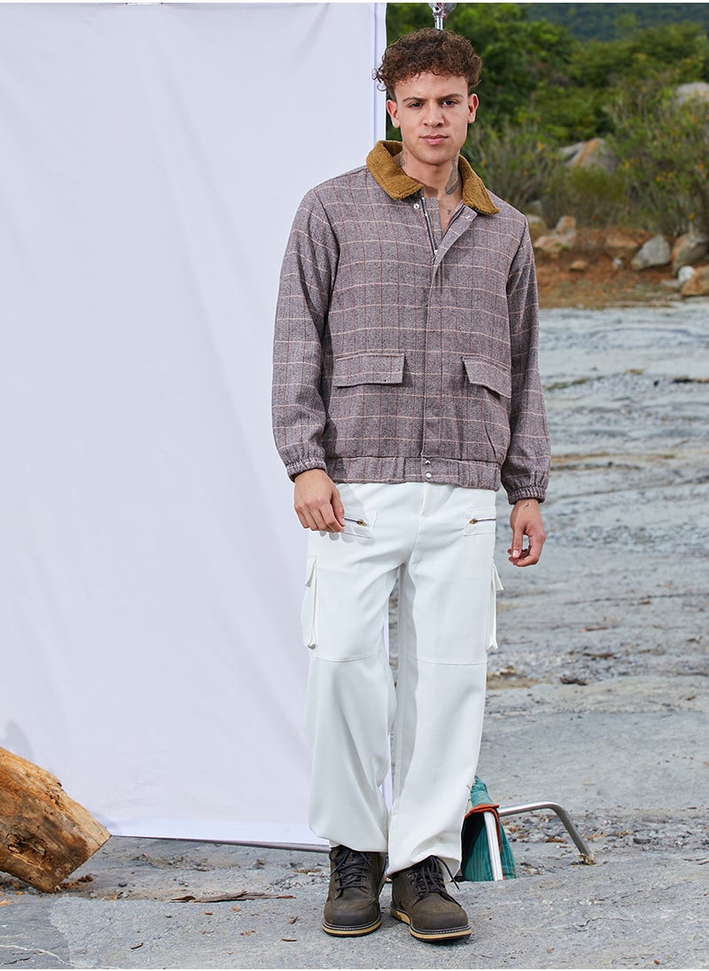 Men's Brown Tartan Plaid Jacket With Fleece Collar