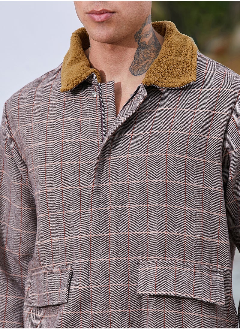 Men's Brown Tartan Plaid Jacket With Fleece Collar