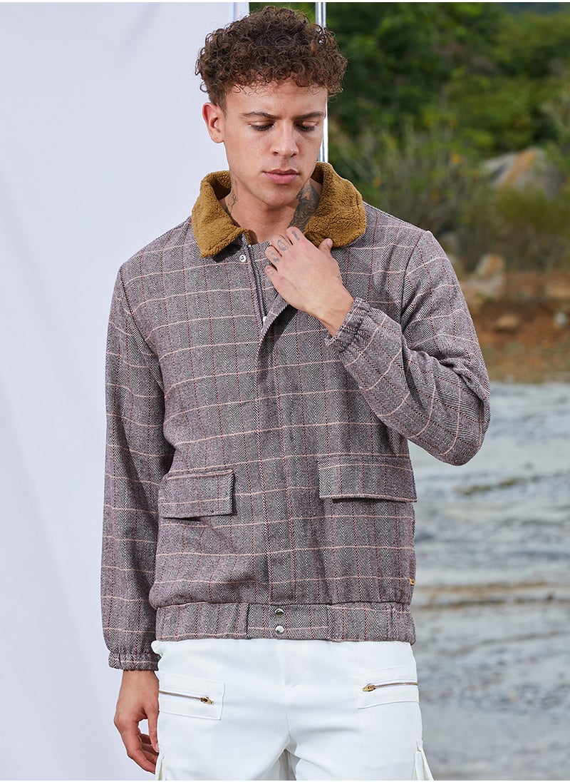 Men's Brown Tartan Plaid Jacket With Fleece Collar