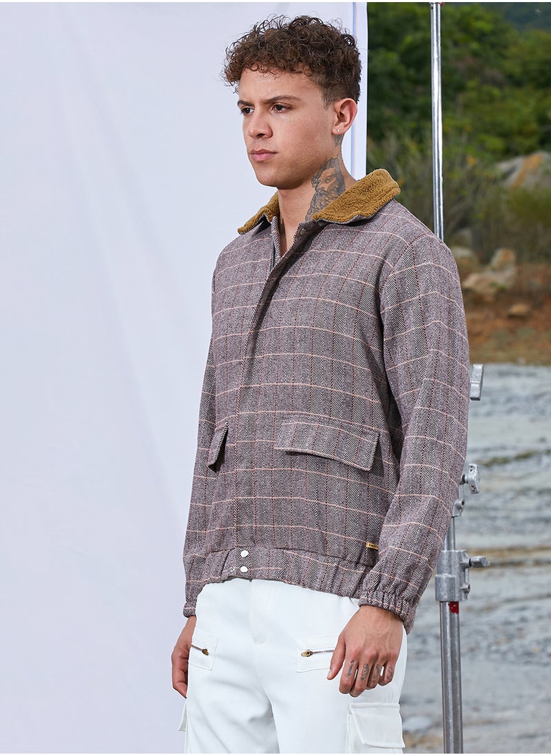 Men's Brown Tartan Plaid Jacket With Fleece Collar
