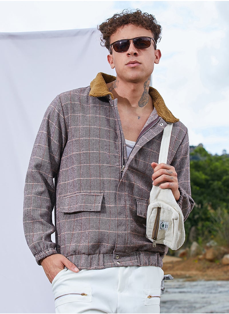 Men's Brown Tartan Plaid Jacket With Fleece Collar