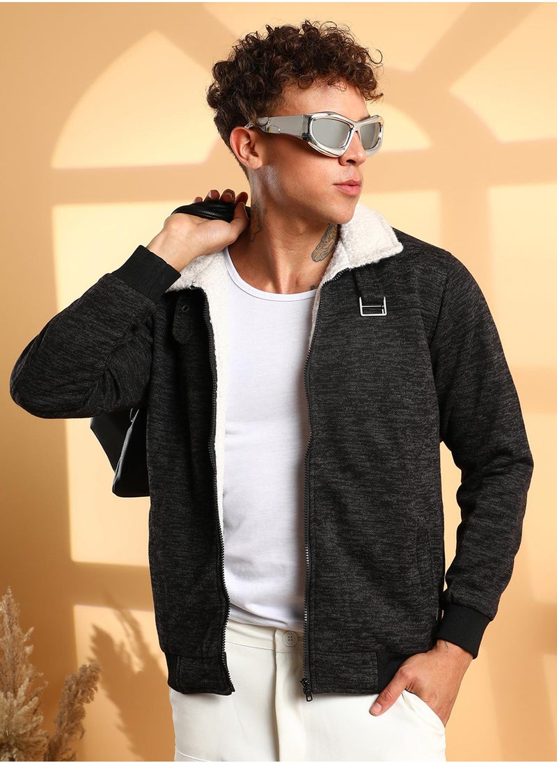 Men's Charcoal Grey Heathered Jacket With Fleece Detail
