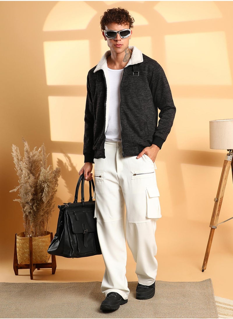 Men's Charcoal Grey Heathered Jacket With Fleece Detail