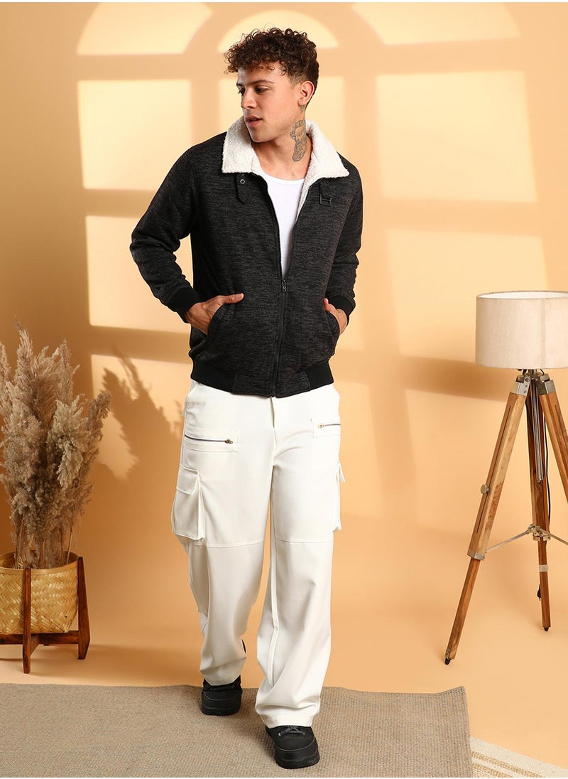 Men's Charcoal Grey Heathered Jacket With Fleece Detail