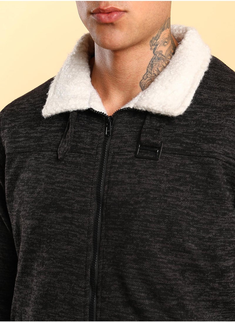 Men's Charcoal Grey Heathered Jacket With Fleece Detail