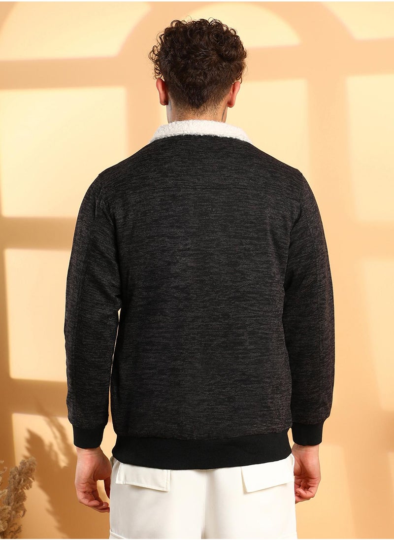 Men's Charcoal Grey Heathered Jacket With Fleece Detail