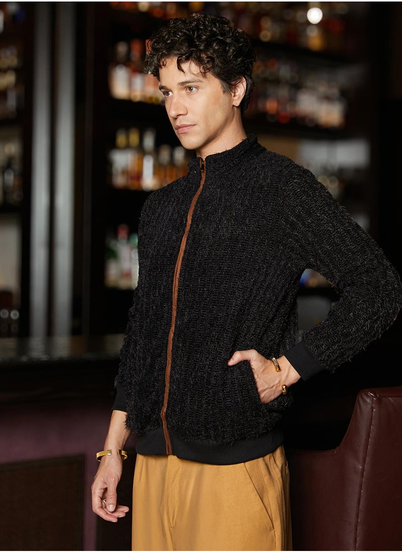 Men's Carbon Black Self-Design Striped Knitted Jacket