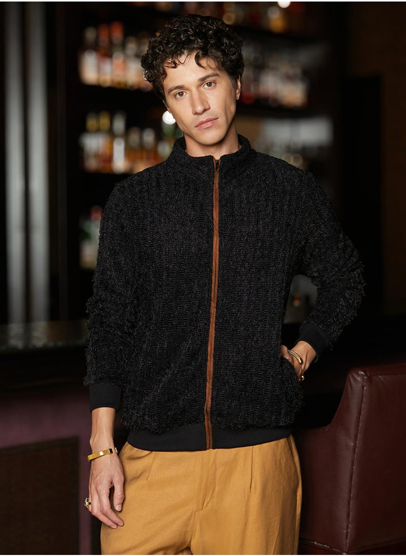 Men's Carbon Black Self-Design Striped Knitted Jacket