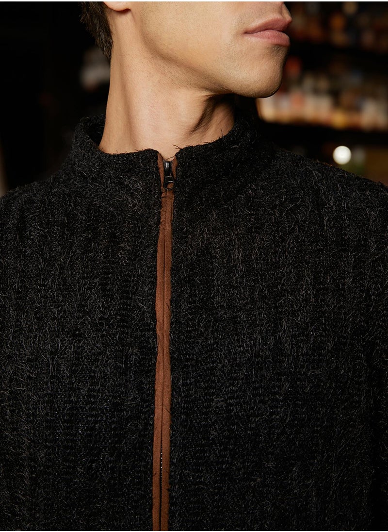 Men's Carbon Black Self-Design Striped Knitted Jacket