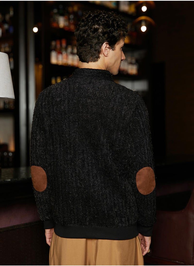 Men's Carbon Black Self-Design Striped Knitted Jacket