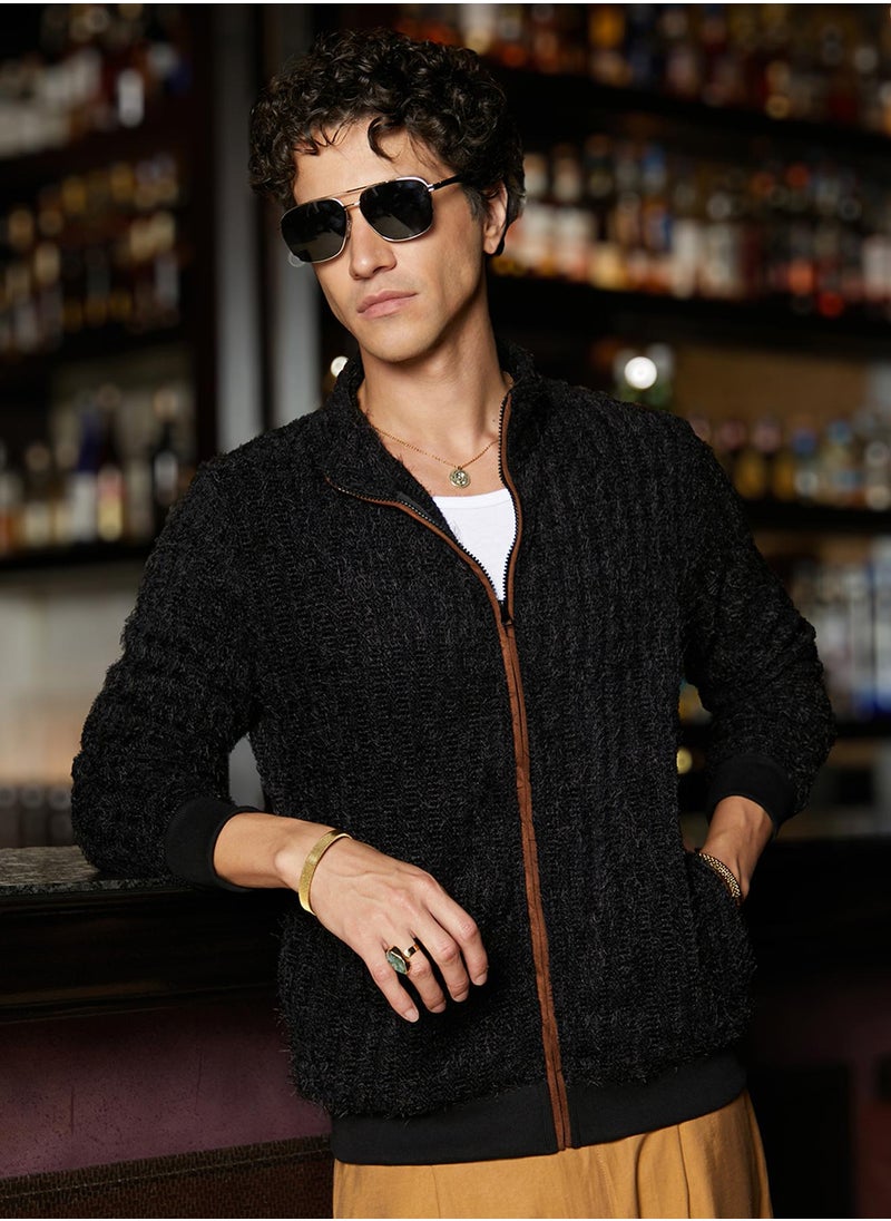 Men's Carbon Black Self-Design Striped Knitted Jacket