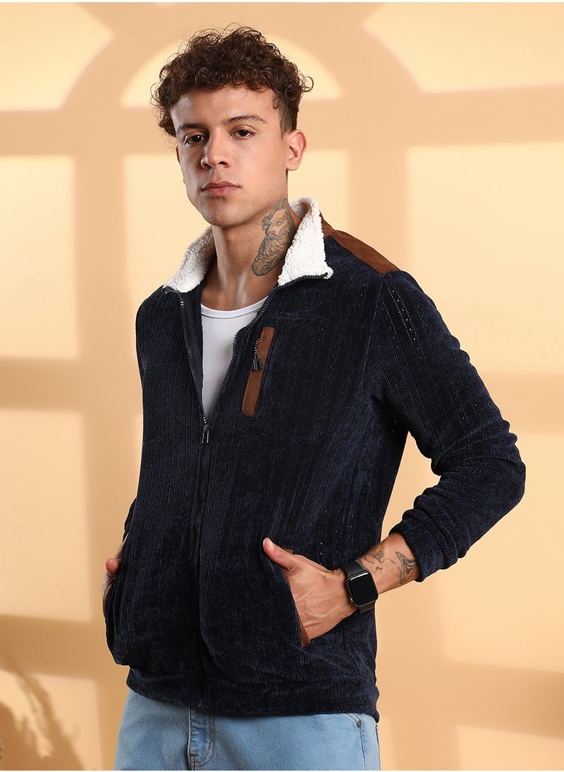 Men's Navy Blue Zip-Front Cable Knit Jacket