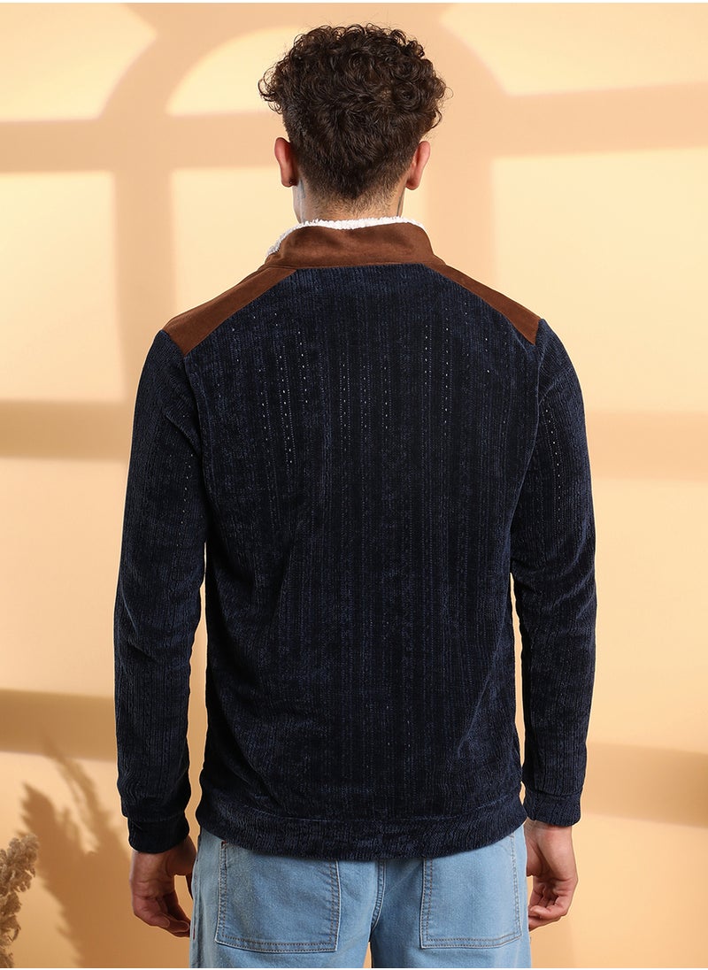 Men's Navy Blue Zip-Front Cable Knit Jacket