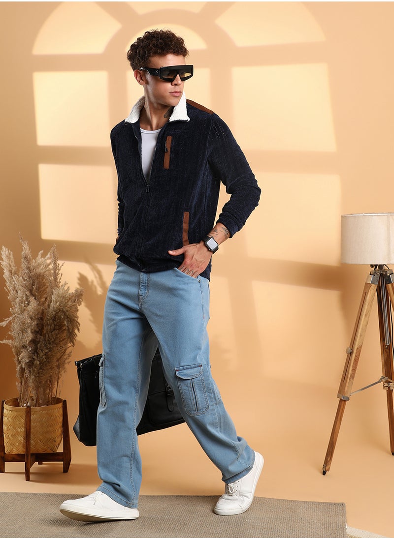 Men's Navy Blue Zip-Front Cable Knit Jacket