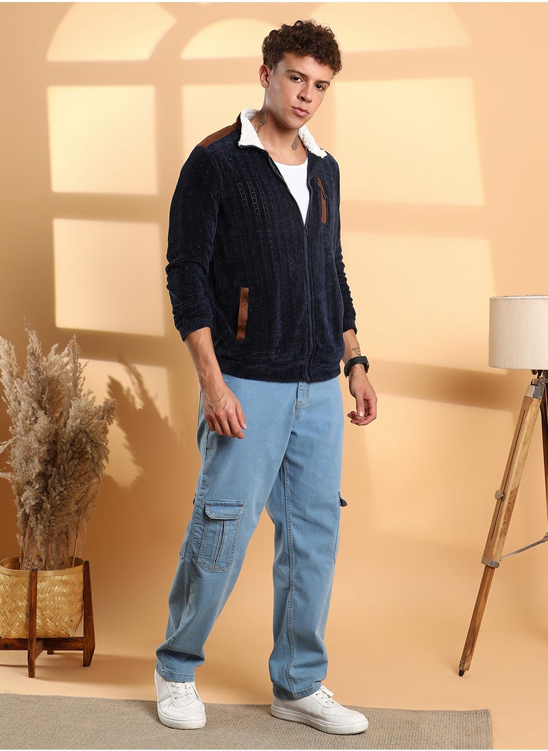 Men's Navy Blue Zip-Front Cable Knit Jacket
