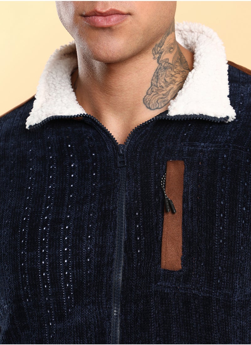 Men's Navy Blue Zip-Front Cable Knit Jacket