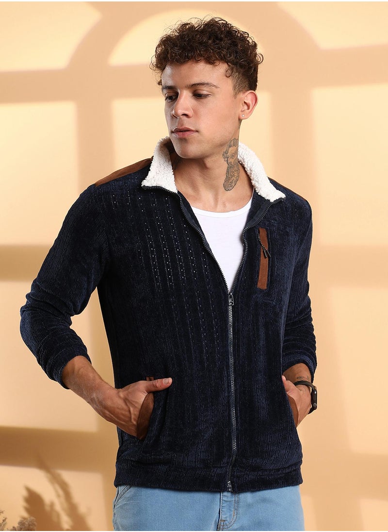 Men's Navy Blue Zip-Front Cable Knit Jacket