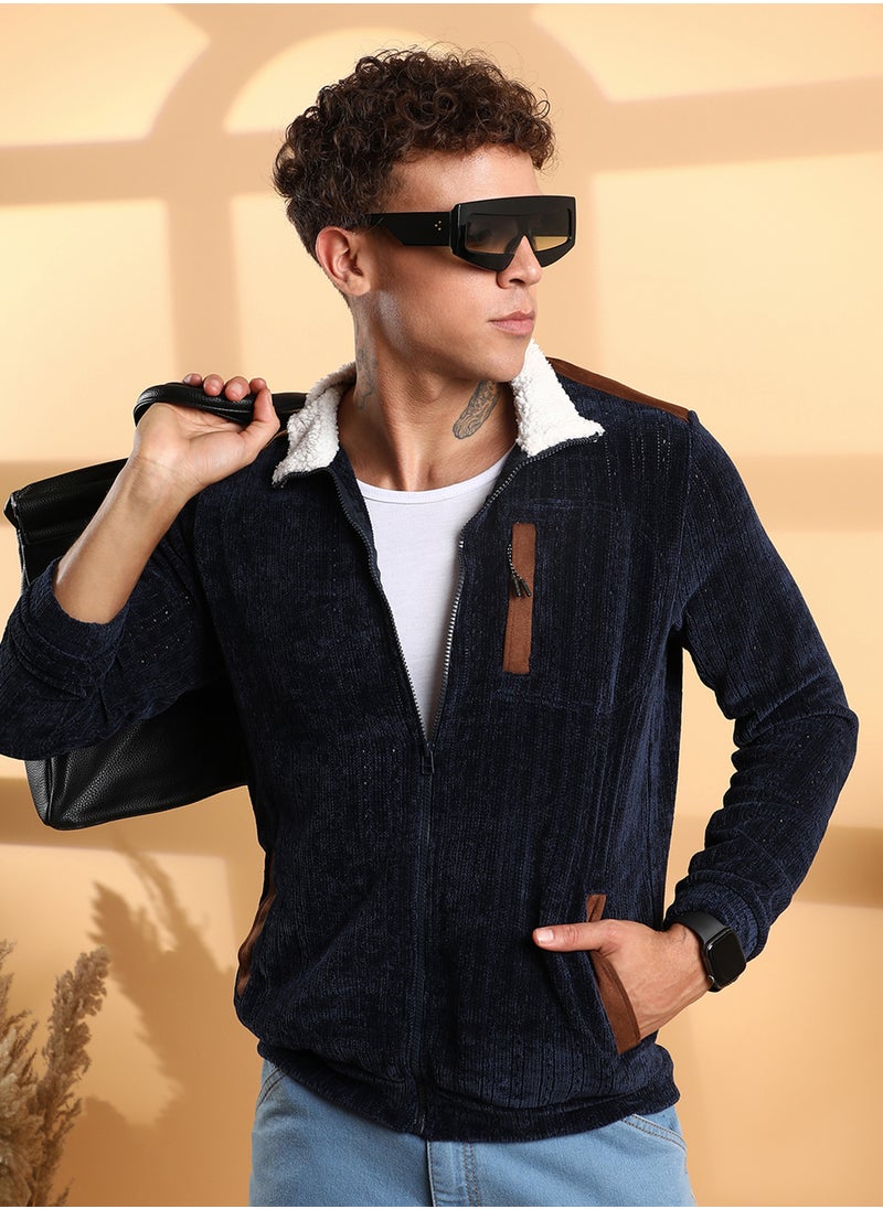 Men's Navy Blue Zip-Front Cable Knit Jacket