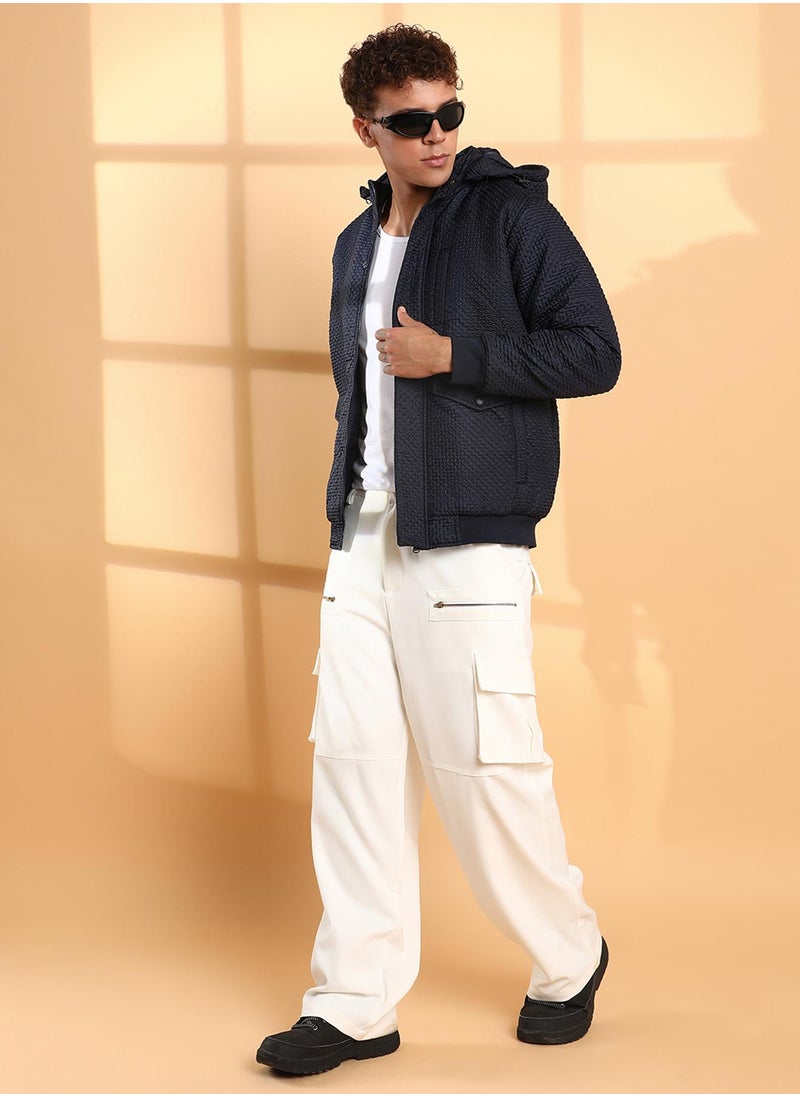 Men's Navy Blue Self-Design Diamond Puffer Jacket With Fleece Hood