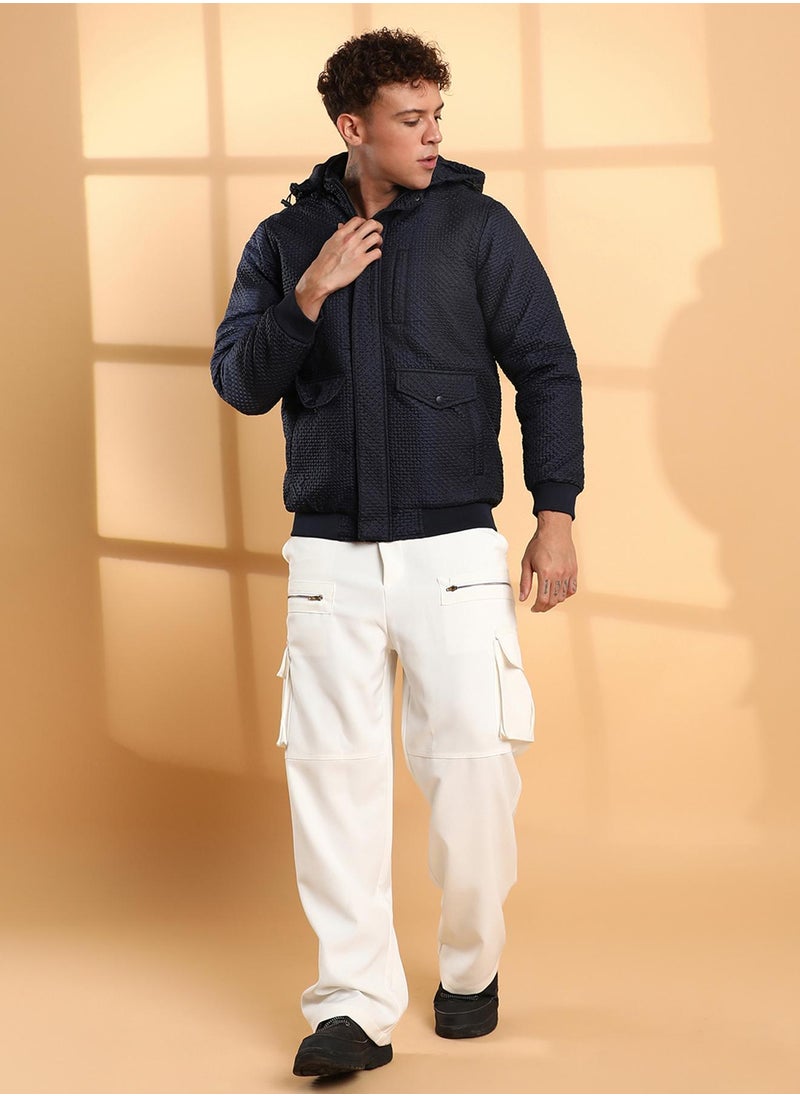 Men's Navy Blue Self-Design Diamond Puffer Jacket With Fleece Hood