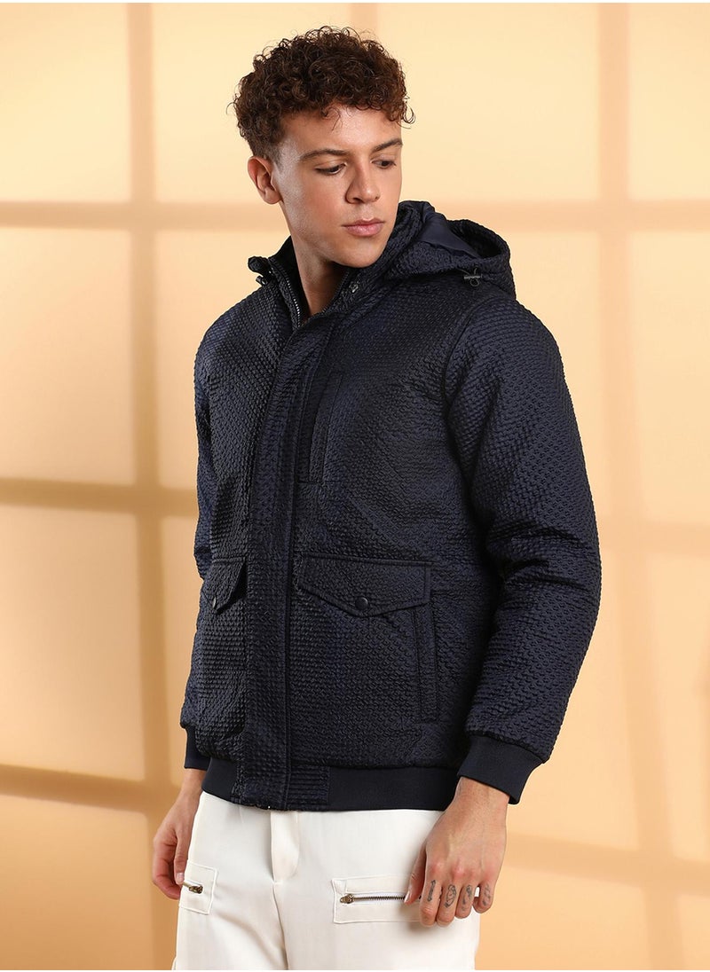 Men's Navy Blue Self-Design Diamond Puffer Jacket With Fleece Hood