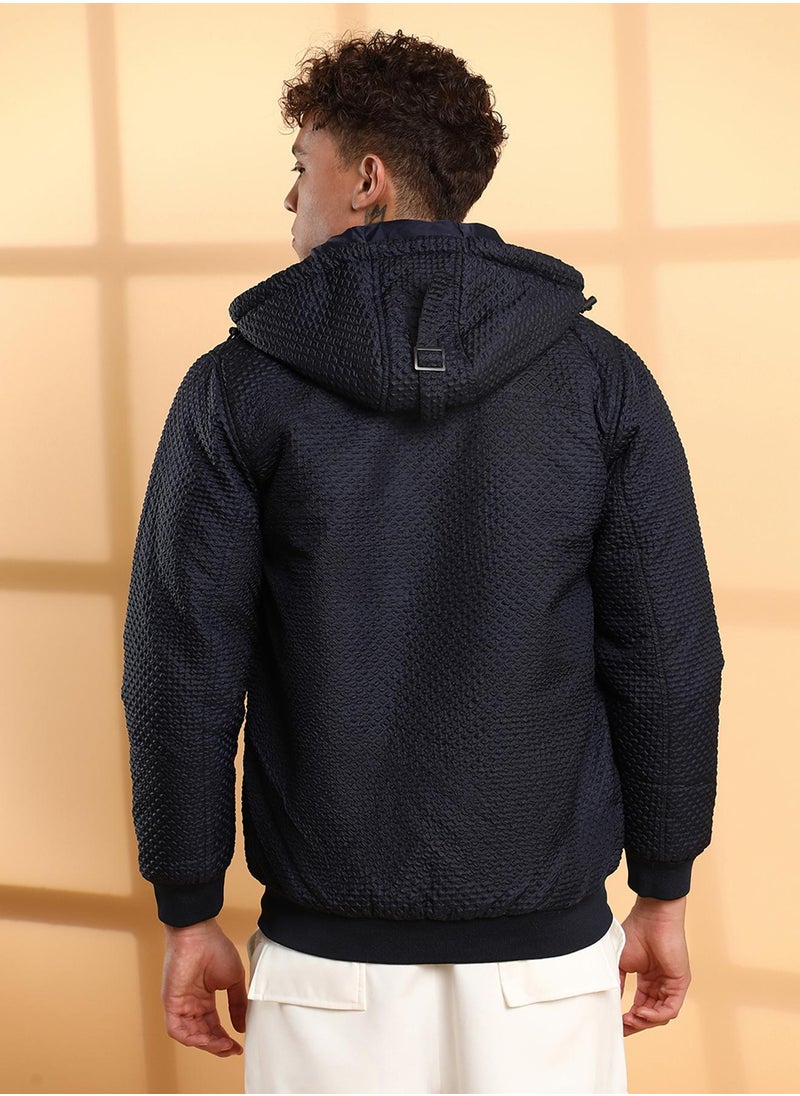 Men's Navy Blue Self-Design Diamond Puffer Jacket With Fleece Hood