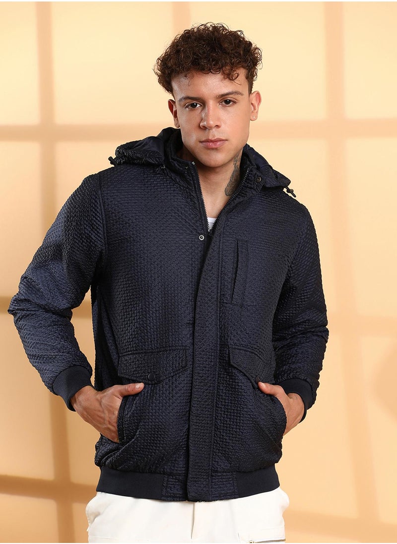 Men's Navy Blue Self-Design Diamond Puffer Jacket With Fleece Hood