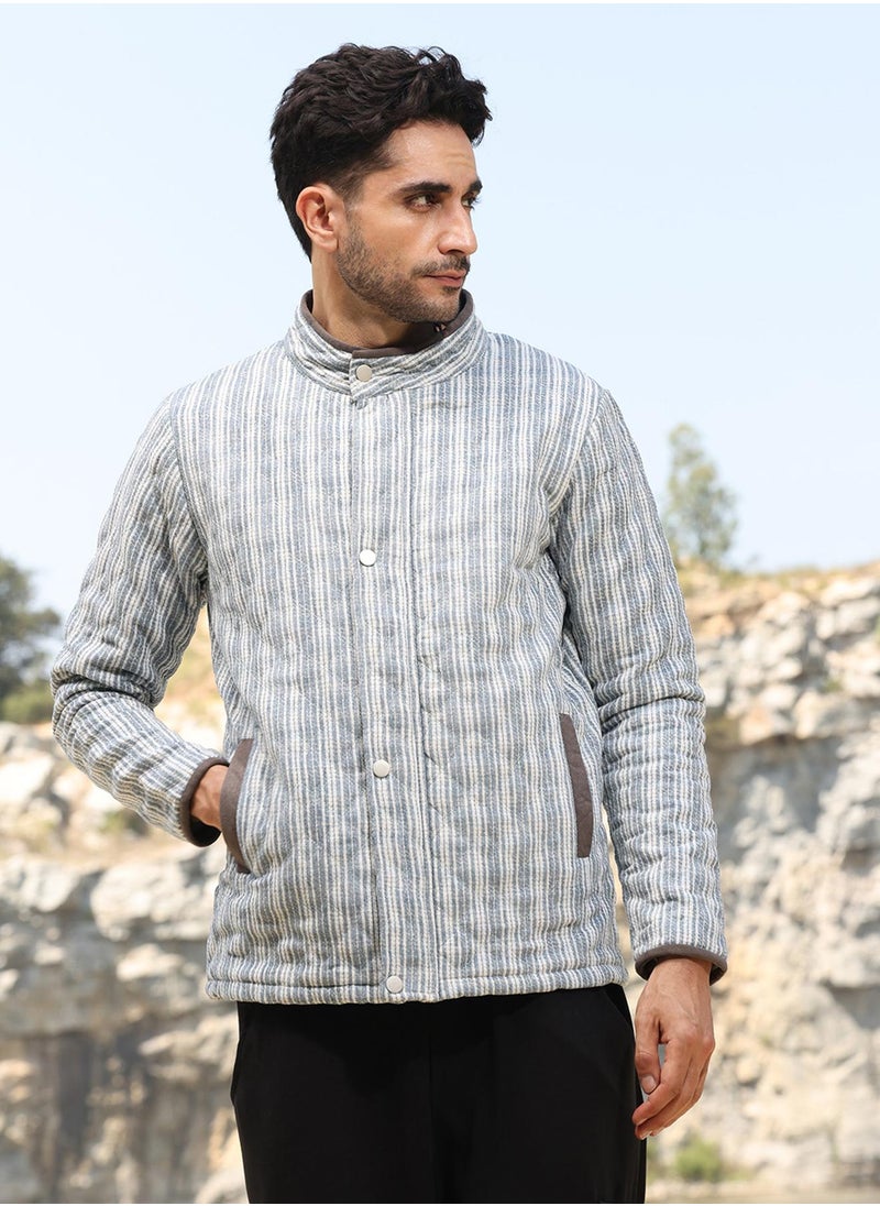 Men's White & Light Grey Striped Quilted Bomber Jacket
