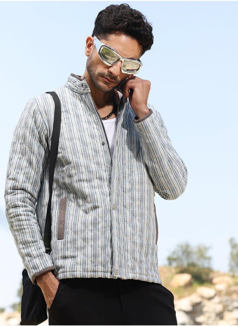 Men's White & Light Grey Striped Quilted Bomber Jacket