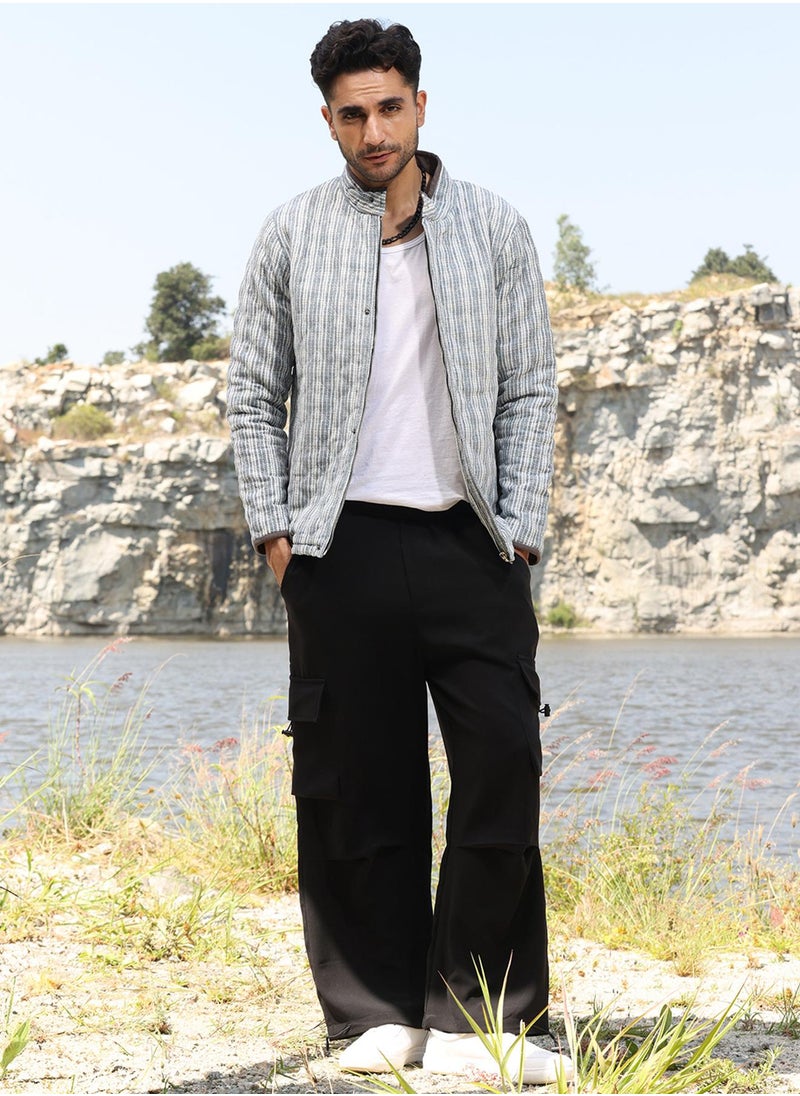 Men's White & Light Grey Striped Quilted Bomber Jacket