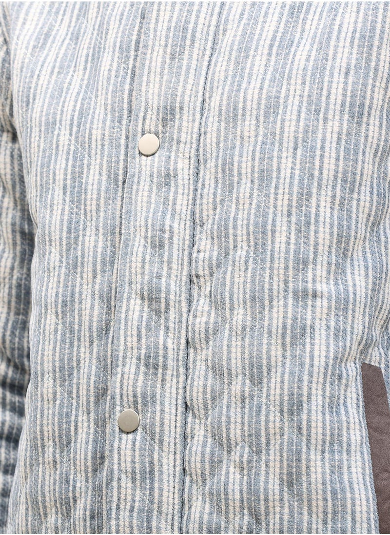 Men's White & Light Grey Striped Quilted Bomber Jacket