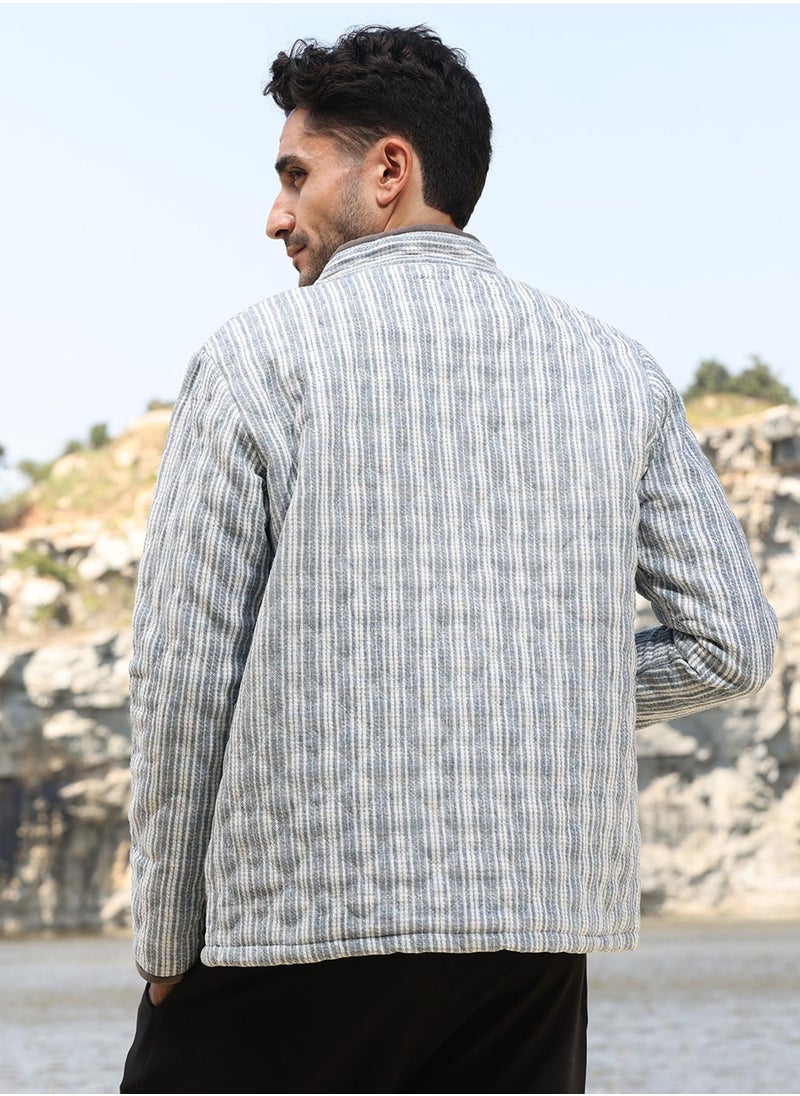 Men's White & Light Grey Striped Quilted Bomber Jacket